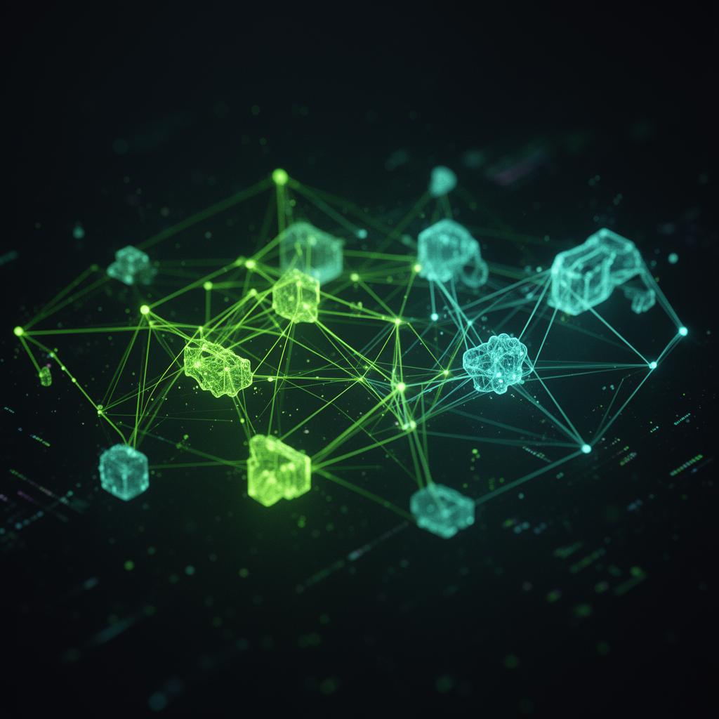 3D render of a glowing neural network with neon green nodes