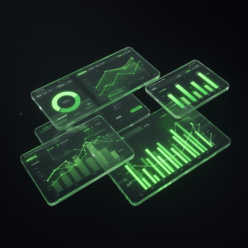 3D render of floating holographic charts and analytics dashboards