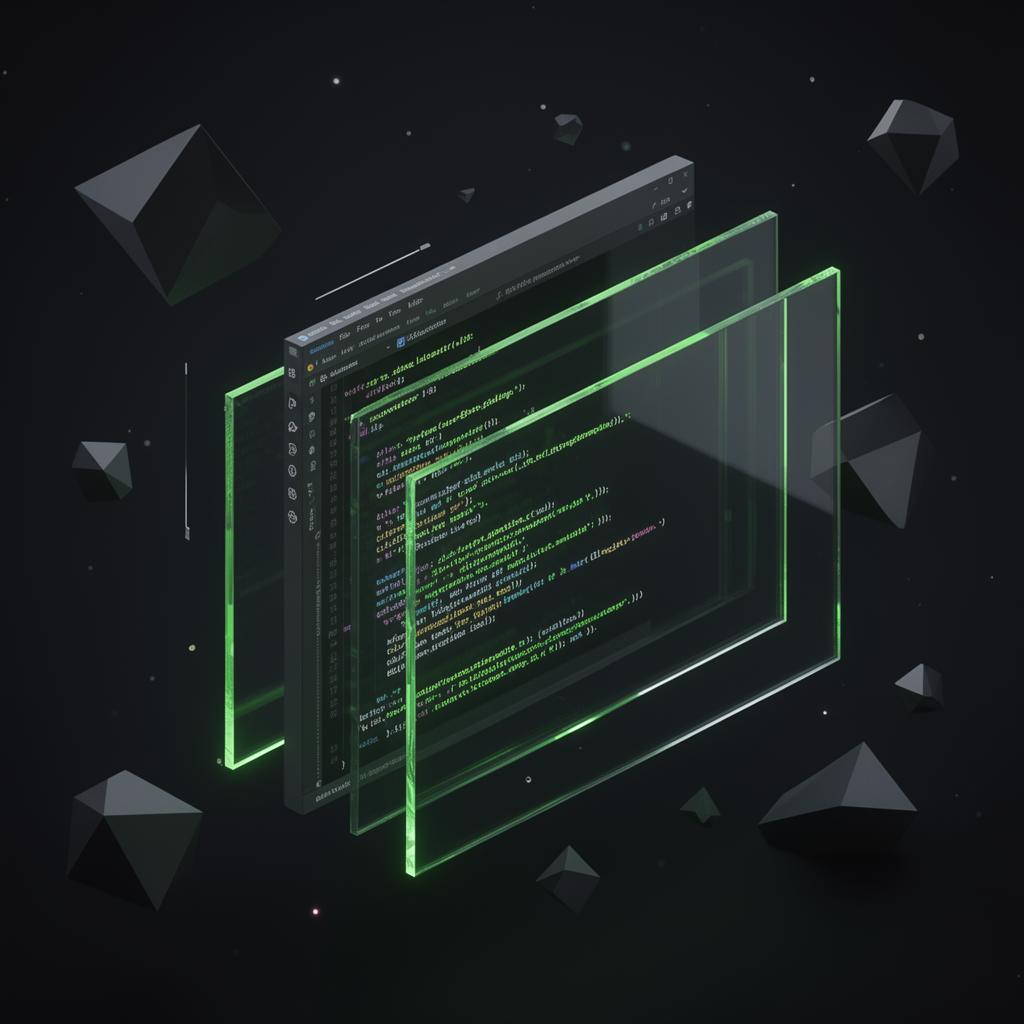 3D isometric render of a glowing software code editor